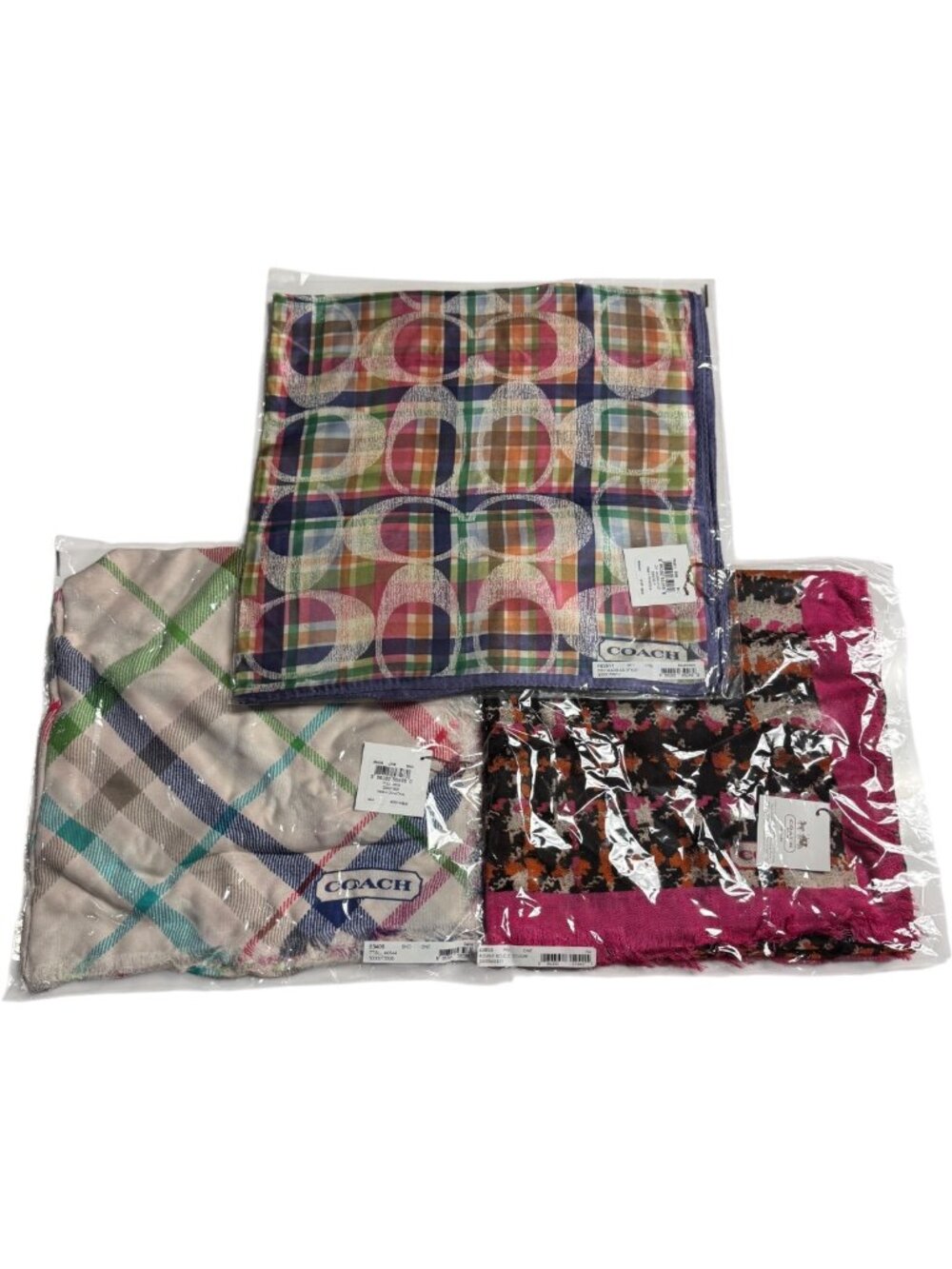 🔥 3 NWT Coach Scarves Bundle Daisy Madras Bonnie Boucle Tattersall Designer Set